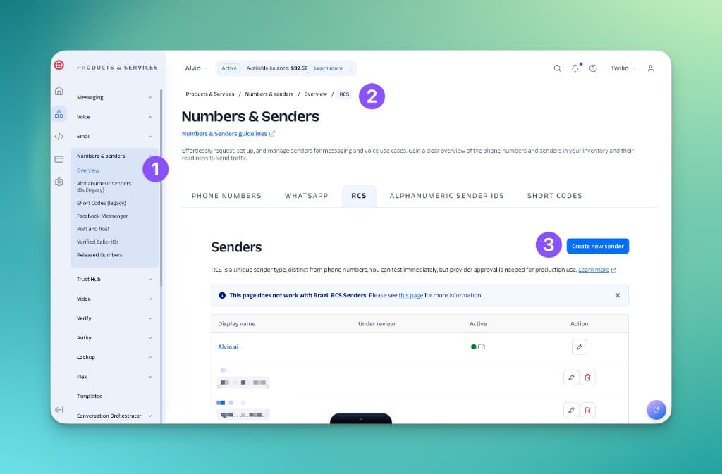 Twilio Console: Numbers & senders → RCS → Create new sender