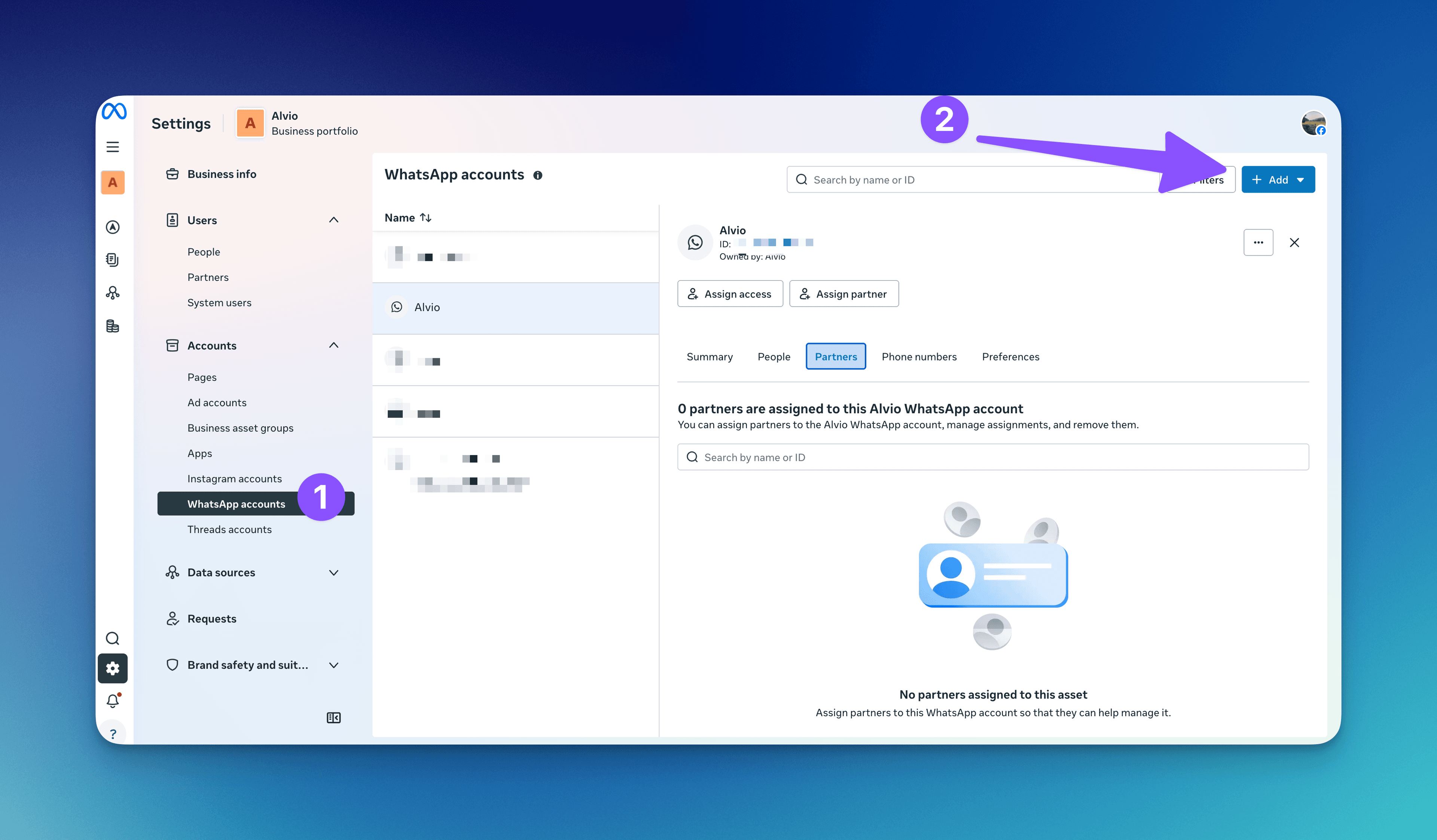 Meta Business Settings showing the WhatsApp accounts page and partner sharing button