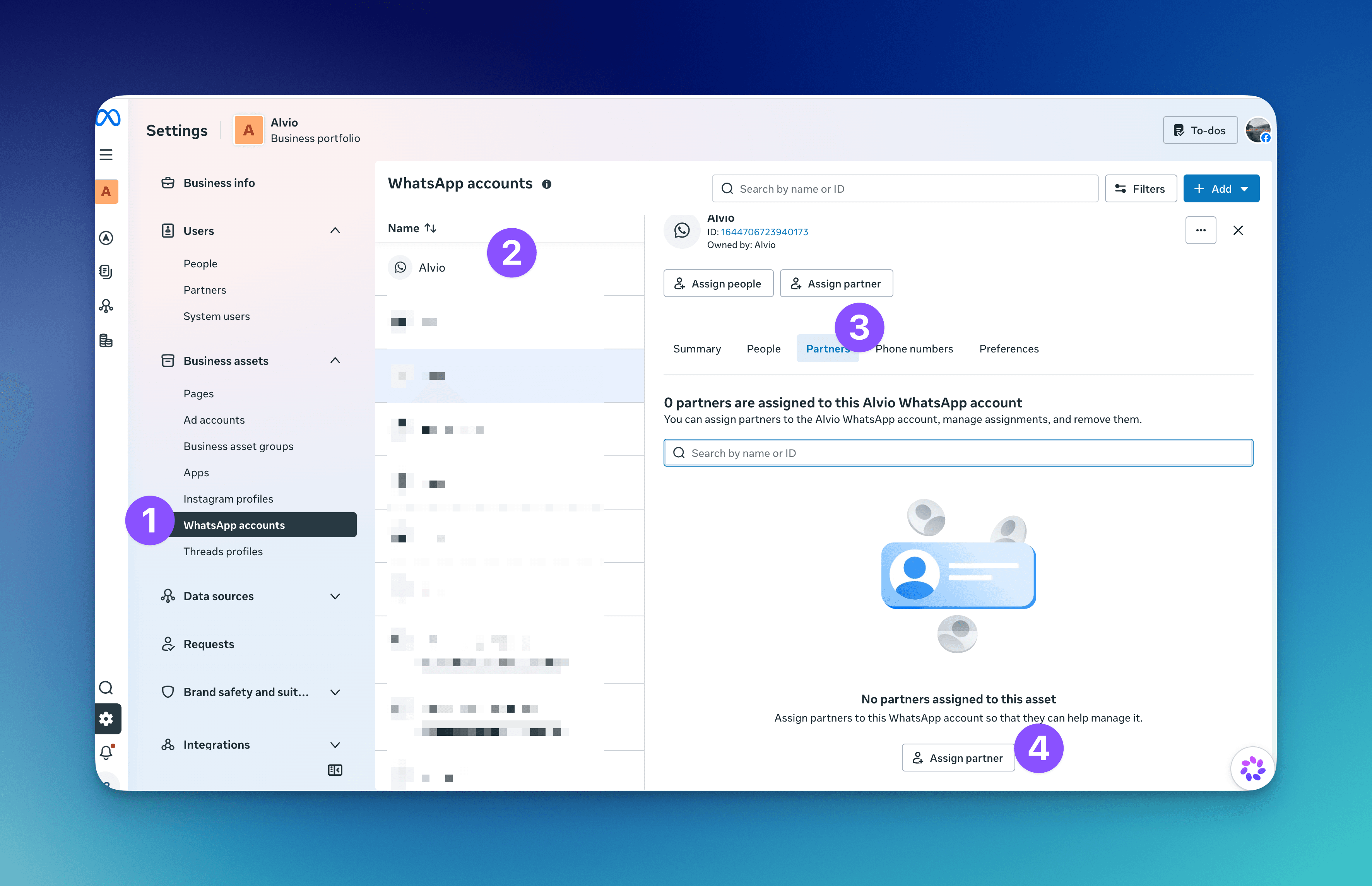 Meta Business Settings affichant la page des comptes WhatsApp et le bouton de partage partenaire